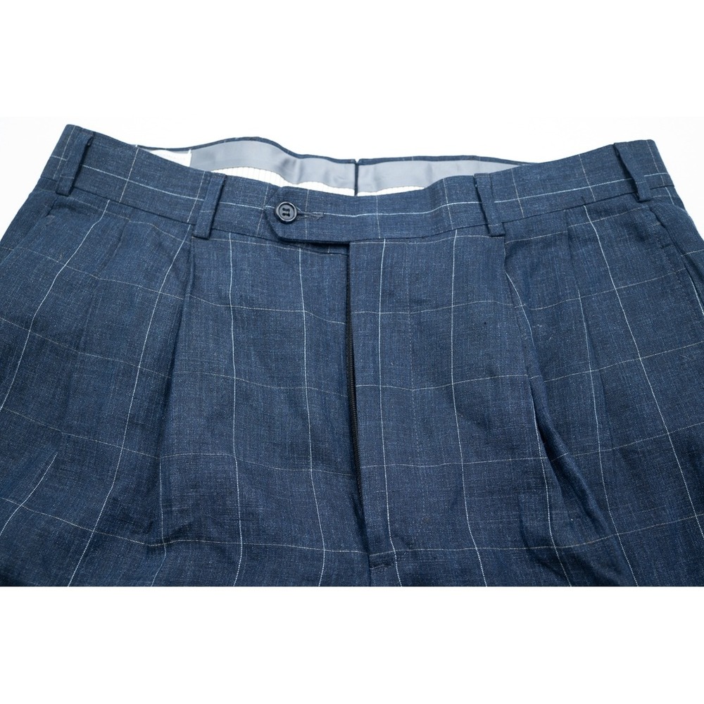 Maus & Hoffman Mens Blue Linen Windowpane Pleated Dress Pants 34x31 Made in USA